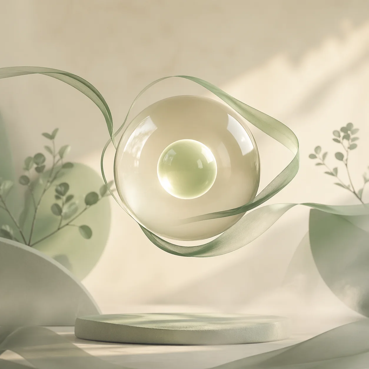 Парящая стеклянная сфера с мягким внутренним свечением и шалфейной лентой в тёплой кремовой атмосфере